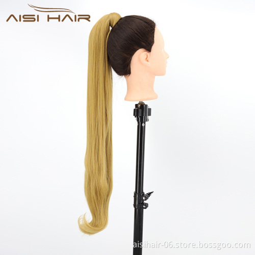 Aisi Hair Vendor Long Straight Curly Wave End Magic Paste Blonde Ponytail Hair Drawstring Synthetic Ponytail Hair Extension